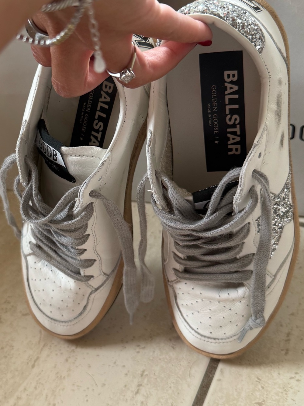 Golden Goose White Leather Sneakers with Silver Glitter Heel Accents - Picture 2 of 6